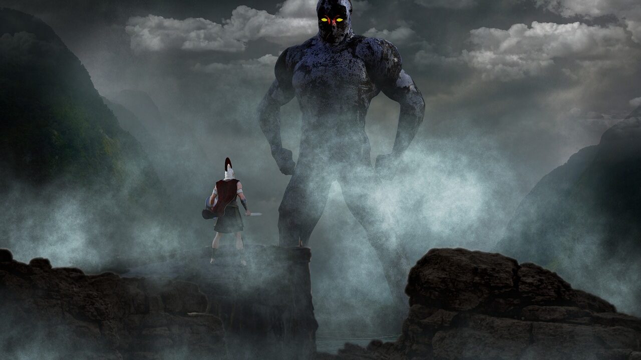 Guerrier face à un géant de pierre dans un paysage brumeux, ambiance de jeu de rôle fantasy comme Elder Scrolls 6 Sentinel
