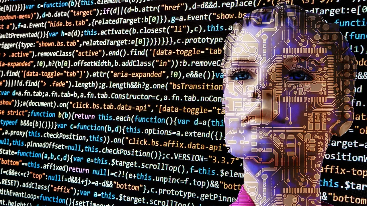 Visage de robot superposé à du code informatique, illustrant le robots.txt et l'entraînement IA